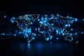 Global network on glowing digital world map on dark blue background. Generative ai Royalty Free Stock Photo